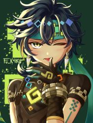  1boy absurdres black_gloves black_hair black_shirt blush chest_harness commentary crossed_bangs double-parted_bangs earrings english_commentary fuk4ku genshin_impact gloves green_background green_headband hair_between_eyes hand_up harness headband highres jewelry kinich_(genshin_impact) licking licking_finger licking_own_finger looking_at_viewer male_focus one_eye_closed shirt short_hair short_sleeves solo straight-on tongue tongue_out upper_body 