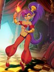 1girl bare_shoulders blue_eyes breasts checkered checkered_floor cleavage dark_skin earrings flame genzoman hand_on_hip high_ponytail jewelry long_hair navel pointy_ears ponytail purple_hair see-through shantae shantae_(character) smile solo very_long_hair 
