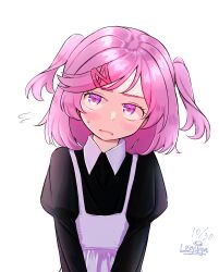  absurdres alternate_costume apron artist_name blush dated doki_doki_literature_club eyelashes flying_sweatdrops hair_ornament hairclip head_tilt highres leguma long_sleeves maid medium_hair natsuki_(doki_doki_literature_club) open_mouth pink_eyes pink_hair simple_background sweatdrop upper_body white_apron white_background 