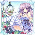  1girl bare_arms bare_shoulders birdcage blue_dress bow breasts cage cleavage collarbone dress elaborate_frame flower frame hair_flower hair_ornament leg_ribbon long_hair looking_at_viewer nanaroba_hana outstretched_arm outstretched_hand panties pantyshot pantyshot_(sitting) petals purple_hair red_rose rose sitting smile solo strapless_dress striped striped_legwear thighhighs underwear very_long_hair violet_eyes white_panties wrist_cuffs zettai_ryouiki 