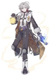  1boy ahoge black_boots black_gloves black_pants blue_eyes blue_fire boots brown_coat chest_harness closed_mouth coat commentary earrings fire full_body fur-trimmed_coat fur_trim genshin_impact gloves grey_hair hand_up harness highres holding holding_lantern illuga_(genshin_impact) jewelry lantern leg_up long_sleeves looking_at_viewer male_focus mole mole_under_eye multicolored_hair open_clothes open_coat pants purple_sash red_hair ribbed_sweater sash scar scar_on_neck short_hair simple_background single_earring solo suwa_(swk_kkk) sweater turtleneck turtleneck_sweater twitter_username two-sided_coat two-sided_fabric vision_(genshin_impact) watermark white_background white_sweater 