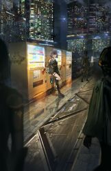  1girl 3d_background advarcher building city cityscape highres hololive hololive_english night ninomae_ina'nis skyscraper solo_focus vending_machine 