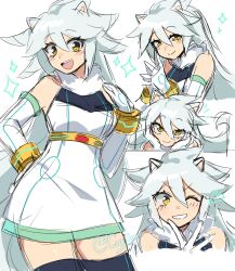  1girl belt_around_waist black_thighhighs blush_stickers cowboy_shot detached_sleeves genderswap_(mtf) gloves_over_sleeves hair_between_eyes hands_on_own_cheeks hands_together heart hedgehog_ears hedgehog_girl looking_at_viewer medium_breasts miniskirt multiple_views open_mouth pencil_skirt personification puffy_collar silver_the_hedgehog simple_background sketch sleeveless_dress sonic_(series) white_background white_dress white_hair 