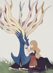  1girl antlers black_shirt black_thighhighs blonde_hair blue_eyes blue_sclera colored_sclera deer highres hime_(himetya105) horns long_hair mega_ring open_mouth pokemon pokemon_(creature) pokemon_xy red_skirt serena_(pokemon) shirt skirt sleeveless sleeveless_shirt thigh-highs xerneas 