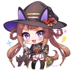  1girl :d alt_text animal artist_name belt black_belt black_boots black_cat black_coat black_hat black_necktie boots bow braid braided_hair_rings brown_hair cat chibi chibi_only coat collared_shirt commentary english_commentary full_body gloves hair_ornament hair_rings hat hat_bow horse_girl horse_tail lightning_bolt_symbol long_hair long_sleeves looking_at_viewer moorina necktie open_mouth puffy_short_sleeves puffy_sleeves red_bow red_sweater_vest shirt short_sleeves skirt smile solo standing sweater_vest sweep_tosho_(platanus_witch)_(umamusume) sweep_tosho_(umamusume) tail thigh_boots umamusume v-shaped_eyebrows violet_eyes white_background white_gloves white_shirt white_skirt witch_hat 