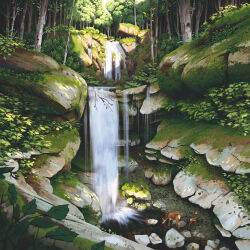  2others animal cliff commentary deer english_commentary forest grass green_theme highres landscape leaf light_rays lorenzo_lanfranconi moss multiple_others nature no_humans original painterly rock scenery tree water waterfall 