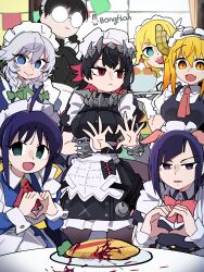  6+girls absurdres akiba_maid_sensou apron artist_name black_dress black_hair black_lagoon blonde_hair bongftah character_request copyright_request dragon_girl dragon_horns dress ellen_joe food green_eyes grey_hair heart heart_hands highres holding holding_plate horns izayoi_sakuya kobayashi-san_chi_no_maidragon looking_at_viewer looking_to_the_side maid maid_apron maid_headdress mannen_ranko multicolored_hair multiple_girls omelet omurice plate purple_hair red_eyes roberta_(black_lagoon) round_eyewear serious smile tohru_(maidragon) touhou two-tone_hair violet_eyes zenless_zone_zero 