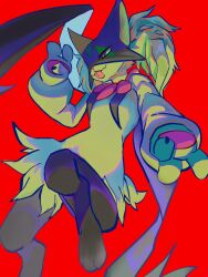  1other :p animal_hands black_fur claws closed_mouth full_body furry green_fur green_hair half-closed_eyes highres looking_to_the_side meowscarada opryee other_focus pink_eyes pokemon pokemon_(creature) red_background short_hair short_tail simple_background solo standing tail tongue tongue_out two-tone_fur v 
