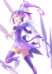  1girl bangs boots cure_sword dokidoki!_precure dress earrings hair_ornament hairclip hands highres jewelry kenzaki_makoto long_hair magical_girl nanakusa open_mouth outstretched_arm parted_bangs ponytail precure purple_hair purple_legwear solo sword thigh_boots thighhighs violet_eyes weapon 