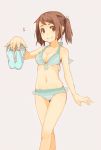  1girl bikini brown_eyes brown_hair holding holding_shoes mmm72 musical_note navel original sandals shoes_removed short_hair simple_background smile solo swimsuit twintails 