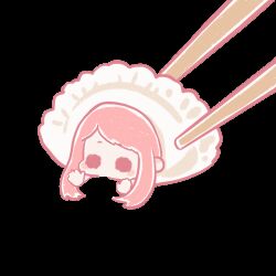  >_< animated animated_gif black_eyes blinking blush_stickers chopsticks dumpling food foodification jiaozi long_hair looping_animation nikki_(nikki) nikki_(series) no_mouth pink_hair shining_nikki solid_circle_eyes transparent_background xiaoyu_qixing 