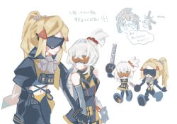  0o_with_me 3girls black_gloves blindfold_mask blonde_hair blush blush_stickers breasts closed_mouth crying full_body gloves goggles grey_hair hair_between_eyes hashtag-only_commentary highres holding holding_hands holding_sword holding_weapon long_hair magus_(zenless_zone_zero) mask multiple_girls open_mouth orange-tinted_eyewear orange_visor orphie_magnusson pants pointy_ears ponytail sidelocks soldier_11_(zenless_zone_zero) speech_bubble sword tinted_eyewear translation_request trigger_(zenless_zone_zero) walking weapon zenless_zone_zero 
