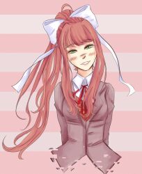  1girl animated animated_gif arms_behind_back axolotl-anne blush brown_hair character_name collared_shirt commentary doki_doki_literature_club doki_doki_literature_club_school_uniform english_commentary english_text eyelashes glitch green_eyes grey_jacket hair_ribbon jacket long_hair long_sleeves looping_animation monika_(doki_doki_literature_club) orange_sweater_vest ponytail red_ribbon ribbon school_uniform shirt sidelocks smile solo striped_background sweater_vest white_ribbon white_shirt 