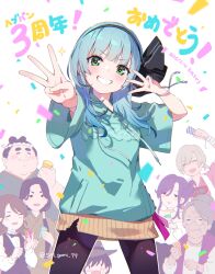  4boys 4girls :d absurdres anniversary aqua_hoodie black_bow black_hairband black_pantyhose blue_hair blunt_bangs blush bow character_request child commentary_request cowboy_shot dated gomi_chihiro granny_aki_(heaven_burns_red) green_eyes grey_hair grin hair_bow hair_bun hairband hand_up heaven_burns_red highres holding holding_party_popper hood hood_down hoodie looking_at_viewer miniskirt multiple_boys multiple_girls old old_woman orange_skirt outline outstretched_arm pantyhose party_popper rumi_(heaven_burns_red) short_sleeves simple_background single_hair_bun skirt smile smug solo_focus sparkle translation_request twitter_username v-shaped_eyebrows white_background white_outline wide_sleeves 