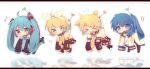  &gt;_&lt; 2boys 2girls ahoge chibi detached_sleeves food hair_ornament hair_ribbon hairclip hanging hatsune_miku highres ice_cream kagamine_len kagamine_rin kaito letterboxed long_hair mouth_hold multiple_boys multiple_girls necktie open_mouth reflection ribbon scarf shorts skirt twintails very_long_hair vocaloid 
