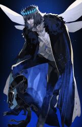  1boy black_cape black_hair black_pants bug cape centipede commentary_request dragonfly_wings fate/grand_order fate_(series) foot_out_of_frame fur-trimmed_cape fur_trim highres light_particles looking_at_viewer male_focus oberon_(fate) oberon_(third_ascension)_(fate) ou_syoku7 pants shirt short_hair solo white_shirt 