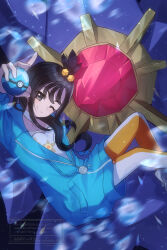  1girl absurdres black_eyes black_hair blue_jacket blurry character_print closed_mouth commentary_request cube_hair_ornament dive_ball eyelashes gem hair_ornament highres holding holding_poke_ball jacket lida_(pokemon) long_hair long_sleeves mega_pokemon mega_starmie one_eye_closed poke_ball pokemon pokemon_(creature) pokemon_legends:_z-a red_gem shirt smile starmie staryu thealla1024 watermark white_shirt 