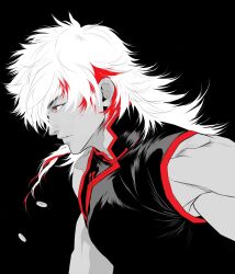  1boy aprnin bare_shoulders black_background bosch_(street_fighter) closed_mouth collared_shirt from_side greyscale hashtag hashtag-only_commentary highres long_hair male_focus monochrome profile red_eyes shirt simple_background sleeveless sleeveless_shirt solo spot_color street_fighter street_fighter_6 upper_body 