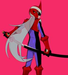  1boy armor assault_visor black_bodysuit bodysuit boots cowboy_shot from_behind grey_hair helmet highres holding holding_sword holding_weapon jinsu_exe katana male_focus mega_man_(series) mega_man_battle_network_(series) netnavi pink_background protoman.exe purple_bodysuit red_armor red_boots red_helmet solo standing sword weapon 
