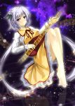  1girl akisome_hatsuka barefoot biwa_lute dress flower hair_flower hair_ornament instrument long_hair long_sleeves looking_at_viewer lute_(instrument) musical_note panties pantyshot pantyshot_(sitting) reflection shirt silver_hair sitting smile solo space sparkle touhou tsukumo_benben twintails underwear upskirt very_long_hair violet_eyes water waves white_panties yellow_dress 