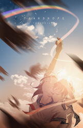  2girls above_clouds absurdres arm_on_another's_head arms_up artist_name bird blue_sailor_collar blurry blurry_foreground brown_hair closed_eyes closed_mouth clouds commentary dated english_commentary facing_up film_grain flock head_on_another's_shoulder highres hug hug_from_behind multiple_girls neckerchief original outdoors outstretched_arm red_neckerchief sailor_collar school_uniform serafuku shirt short_hair short_sleeves sky smile sunset teardrops_(user_vgvd7733) upper_body white_shirt yuri 