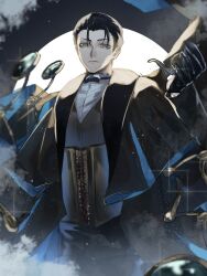  1boy absurdres black_bow black_bowtie black_gloves black_hair black_jacket bow bowtie closed_mouth commentary_request fate/grand_order fate_(series) gloves green_eyes highres holding holding_smoking_pipe jacket light_particles looking_at_viewer male_focus ou_syoku7 sherlock_holmes_(fate) short_hair sideburns smoke smoking_pipe 