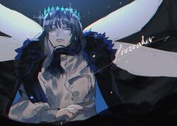  1boy black_hair blue_eyes closed_mouth colored_extremities commentary_request dragonfly_wings fate/grand_order fate_(series) long_sleeves looking_at_viewer male_focus oberon_(fate) oberon_(third_ascension)_(fate) ou_syoku7 shirt short_hair solo upper_body white_shirt 