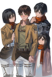  1boy 3girls absurdres adjusting_scarf age_progression black_hair blush brown_hair brown_jacket cardigan child commentary_request cropped_jacket dress eren_yeager green_eyes grey_eyes grey_shirt hair_between_eyes hetero highres holding_another's_arm holding_hands jacket light_smile long_hair mikasa_ackerman military_jacket multiple_girls pants pink_cardigan red_scarf scar scar_on_cheek scar_on_face scarf shingeki_no_kyojin shirt short_hair survey_corps_(emblem) white_background white_dress white_pants white_shirt yun_(dl2n5c7kbh8ihcx) 