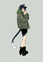  1girl absurdres animal_ears black_boots black_hair black_shorts black_tail boots cat_ears cat_girl cat_tail closed_mouth daki_daily dungeon_meshi from_side full_body green_background green_hood green_jacket highres izutsumi jacket scarf short_hair shorts simple_background standing tail two-tone_tail white_tail yellow_eyes 