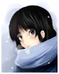  1girl akiyama_mio black_eyes black_hair blush face k-on! long_hair scarf school_uniform snow solo winter winter_clothes 