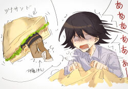  1boy black_hair blanket casual chaos;child closed_eyes crying food highres holding holding_blanket ikeda_san3 itou_shinji_(chaos;child) long_sleeves loungewear male_focus nightmare open_mouth sandwich science_adventure short_hair simple_background solo sweat sweatdrop tearing_up tears trembling waking_up white_background 