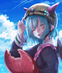  1girl absurdres adjusting_clothes adjusting_headwear blue_hair bungo_yayoi closed_eyes clouds cloudy_sky commentary_request crab_claw dirt dirty dirty_face fake_horns heaven_burns_red helmet highres horned_helmet horns nanosuke_(nanonano9) open_mouth school_uniform short_hair sky smile wings 