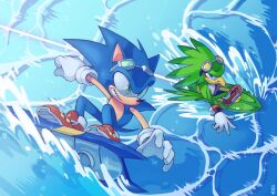  2boys blue_eyes closed_mouth drwsnt furry furry_male gloves goggles goggles_on_head green_eyes grin hedgehog_boy highres jet_the_hawk male_focus multiple_boys outstretched_arms red_shoes shoes smile sonic_(series) sonic_the_hedgehog surfing tail teeth water white_gloves 