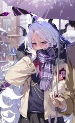  1boy 1girl absurdres ahoge black_hair black_halo black_horns black_skirt blue_archive blush bow bowtie brown_jacket building commentary_request day demon_girl demon_horns demon_wings english_commentary enpera forehead halo hand_on_another's_hand highres hina_(blue_archive) holding holding_umbrella horns jacket long_hair long_sleeves mixed-language_commentary multicolored_halo multiple_horns nuru_(ezvr2347) parted_bangs plaid_clothes plaid_scarf purple_halo purple_scarf purple_sweater_vest red_bow red_bowtie road_sign scarf sensei_(blue_archive) sign skirt sleeves_past_wrists snow snowing solo_focus sweater_vest two-tone_halo umbrella urban violet_eyes white_hair wings winter_clothes 