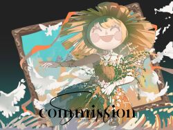  1girl ^_^ absurdres ambird_(infinity_nikki) animal_on_arm animal_on_head awan_(wanzhong81144) bare_shoulders bird bird_on_arm black_bow bow chinese_commentary closed_eyes collarbone commentary_request commission cowboy_shot dot_nose dove dress flock flower forehead fringe_trim grains_of_yesterday_(infinity_nikki) hair_ornament hat highres holding_wheat infinity_nikki looking_at_viewer mascot_head miniskirt neck_flower nikki_(series) on_head open_mouth orange_dress orange_ribbon outstretched_arm painting_(object) picture_frame plant pleated_dress pleated_skirt ribbon rose sample_watermark scarecrow skirt skirt_under_dress solo strapless strapless_dress straw_hat vines watermark wheat_field white_flower white_skirt yellow_flower yellow_rose 