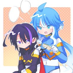  1boy 1girl armor black_armor black_hair blue_armor blue_eyes blue_hair breasts brushing_hair commentary english_commentary fairy_leviathan_(mega_man) hidden_phantom_(mega_man) highres long_hair medium_breasts mega_man_(series) mega_man_zero_(series) multicolored_hair no_headwear panco_1812 purple_hair streaked_hair two-tone_hair violet_eyes 