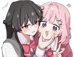  2girls amaori_renako artist_collaboration black_hair blush bow bowtie commentary_request grey_sweater_vest hair_between_eyes highres idimushoten koto_satsuki long_hair medium_hair multiple_girls nobunaga_(nbng_g) open_mouth pink_hair red_bow red_bowtie red_eyes school_uniform simple_background squeezing_cheeks sweater_vest upper_body v violet_eyes watashi_ga_koibito_ni_nareru_wake_naijan_murimuri! white_background 