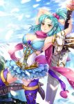  1girl ahoge armor blue_hair breasts cleavage dkaki fantasy greaves hair_bobbles hair_ornament huge_weapon large_breasts original payot solo sword_behind_back thighhighs weapon yellow_eyes 