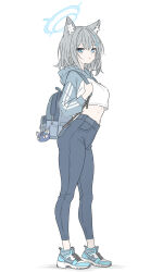  1girl alternate_costume backpack bag black_pants blue_archive blue_halo blue_shoes bright_pupils commentary_request cross_hair_ornament english_commentary full_body grey_bag grey_hair hair_ornament halo highres looking_at_viewer midriff mismatched_pupils pants shiroko_(blue_archive) shoes short_hair simple_background sneakers solo t1kosewad white_background white_pupils 