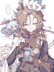  ... 3boys arknights brown_hair brown_hands brown_robe chibi chinese_commentary closed_eyes closed_mouth colored_extremities commentary_request dragon_boy dragon_bubble_(arknights) dragon_horns dragon_tail earrings eastern_dragon_horns eastern_dragon_tail emoji flying_sweatdrops grey_hair highres holding horns jewelry ji_(arknights) long_hair long_sleeves male_focus mini_person miniboy mole mole_under_eye multicolored_hair multiple_boys ofuda_earrings on_head pink_eyes pleading_face_emoji pointy_ears robe sen_(5710265) simple_background smile spoken_ellipsis spoken_emoji streaked_hair sweatdrop tail white_background yi_(arknights) 
