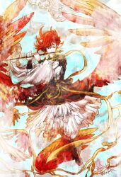  1girl bird_wings commentary copyright_name feathered_wings final_fantasy final_fantasy_xiv flute holding holding_flute holding_instrument instrument music playing_flute playing_instrument red_eyes red_hair red_wings ruka_(blueplus84) short_hair solo suzaku_(ff14) twitter_username wings 
