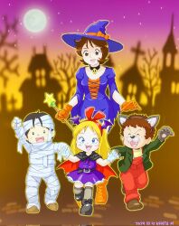  2boys 2girls ^_^ animal_ear_hairband animal_ears animal_hands arm_up artist_name bat_wings belt belt_buckle black_belt black_cape black_choker black_eyes black_hair black_shoes blonde_hair blue_eyes boots bow bow_hairband brown_eyes brown_hair brown_shoes buckle cape child choker closed_eyes commentary_request corrupted_twitter_file dated dress fake_animal_ears fake_snout fake_wings fangs fraw_bow full_moon gloves green_jacket grey_thighhighs gundam hairband halloween halloween_costume hands_up hat hat_bow highres holding holding_wand jacket katz_howan kikka_kitamoto letz_cofan looking_at_viewer mizutani_kenta mobile_suit_gundam moon multiple_boys multiple_girls mummy_costume night open_mouth orange_boots orange_bow orange_gloves outdoors overalls paw_gloves purple_dress purple_hat red_bow red_cape red_hairband red_overalls shirt shoes skull_choker smile standing thigh-highs torn_clothes torn_dress two-sided_cape two-sided_fabric vampire_costume walking wand werewolf_costume white_gloves wings witch_hat wolf_ears yellow_shirt 