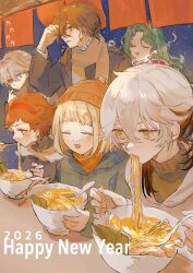  1other 2026 2girls 3boys :o beanie black_coat black_hair black_sclera blonde_hair blue_eyes blue_jacket blue_sky bowl brown_hair brown_hat chopsticks closed_eyes coat colored_sclera colored_tips commentary_request eating enigma_(reverse:1999) ezra_theodore food food_in_mouth grey_hair hand_up happy_new_year hat headband heterochromia highres hissabeth holding holding_chopsticks holding_spoon jacket karako_(red-tea) long_hair medicine_pocket medium_hair mesmer_jr. mismatched_sclera multicolored_hair multiple_boys multiple_girls night noodles open_mouth ramen ramen_stand red_headband reverse:1999 short_hair sky smile snake snake_on_head softboiled_egg spoon upper_body x_(reverse:1999) yellow_eyes 
