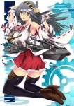  1girl bare_shoulders black_hair black_legwear breasts brown_eyes detached_sleeves gears hairband haruna_(kantai_collection) japanese_clothes kantai_collection long_hair miko open_mouth personification smile solo thighhighs yuu_(asaiyuji) 