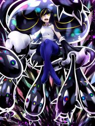  1girl bare_shoulders black_hair blonde_hair commentary_request covered_collarbone crossed_legs dress full_body fusion hair_over_one_eye highres jellyfish long_hair looking_at_viewer lusamine_(pokemon) lusamine_fused_(pokemon) monster_girl multicolored_hair nihilego open_mouth pantyhose pokemon pokemon_(creature) pokemon_sm purple_pantyhose sitting sleeveless sleeveless_dress solo streaked_hair teeth tentacles upper_teeth_only very_long_hair white_dress yellow_eyes yoma091 