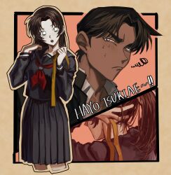  1boy 1girl absurdres black_jacket black_sailor_collar black_serafuku black_shirt black_skirt border breasts brown_border brown_hair commentary_request cowboy_shot cropped_legs frown furrowed_brow gakuran hair_ribbon hands_in_own_hair hattori_heiji highres holding holding_ribbon jacket long_hair medium_breasts meitantei_conan neckerchief open_mouth parted_bangs pink_background pleated_skirt red_neckerchief ribbon sailor_collar school_uniform serafuku shirt short_hair skirt susk_tkc sweatdrop tan tooyama_kazuha upper_body yellow_ribbon 