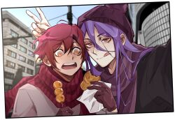  2boys beanie bishounen border brown_shawl commentary dango english_commentary eyelashes first_stage_production food gigglepox gloves hair_between_eyes hat highres holding holding_food holostars holostars_english jacket licking_lips long_hair long_sleeves looking_at_viewer machina_x_flayon male_focus multiple_boys open_mouth orange_eyes outdoors photo_background pom_pom_(clothes) pom_pom_beanie purple_hair red_hair red_scarf scarf shawl shiki_katagami short_hair smile tongue tongue_out upper_body v v_over_head virtual_youtuber wagashi wide-eyed 