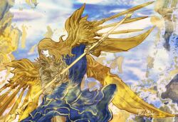  1boy armor bishounen blonde_hair commentary copyright_name english_commentary final_fantasy final_fantasy_xiv gold_armor golden_wings grey_eyes holding holding_polearm holding_weapon innocence_(final_fantasy) long_hair male_focus mechanical_wings polearm ruka_(blueplus84) solo spear twitter_username weapon wings 