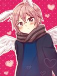  1boy amane_kurumi angel_wings animal_ears blush grey_eyes heart jacket male mikado_nagi pink_hair rabbit_ears scarf short_hair solo uta_no_prince-sama uta_no_prince-sama_maji_love_2000_percent wings 