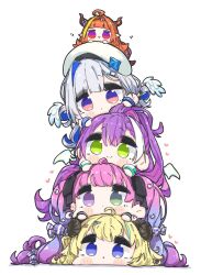 5girls ahoge amane_kanata amane_kanata_(work) beret blonde_hair blonde_streaks blue_eyes blue_hair blush candy_hair_ornament chibi colored_inner_hair commentary_request crescent crescent_hair_ornament dragon_girl dragon_horns food-themed_hair_ornament gradient_hair green_eyes grey_hair hair_ornament hat heterochromia highres himemori_luna himemori_luna_(dress) holoforce hololive horns kiryu_coco long_hair multicolored_hair multiple_girls orange_hair pink_hair pointy_ears sheep_girl sheep_horns simple_background single_hair_intake star_(symbol) star_hair_ornament suzunoki_t tokoyami_towa tokoyami_towa_(cyberpunk) tsunomaki_watame very_long_hair violet_eyes virtual_youtuber white_background white_streaks wings 